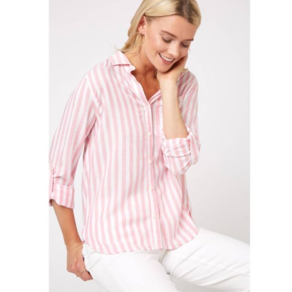 Velvet Heart Pink + White Hi-Lo Striped Button-Up